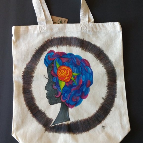 Painted Tote Bag with Retro Silhouett Woman With Blue Hair Artisan Handmade NWT - Picture 4 of 16